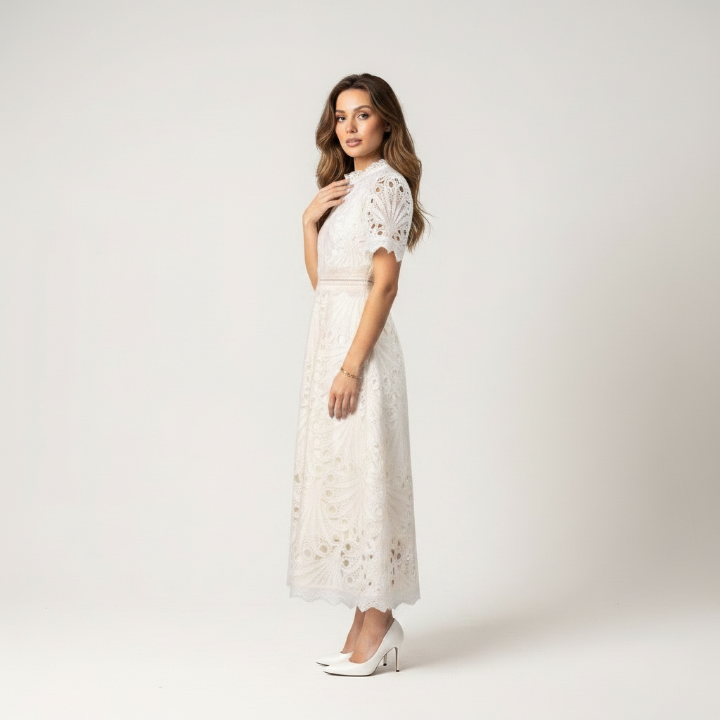 Lace Midi Dress High Neck Short Sleeve