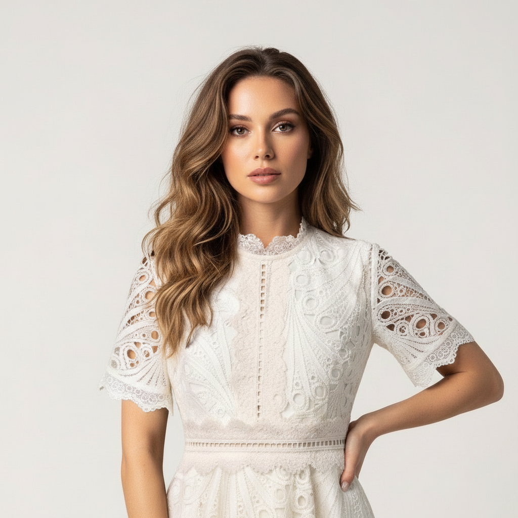 Lace Midi Dress High Neck Short Sleeve