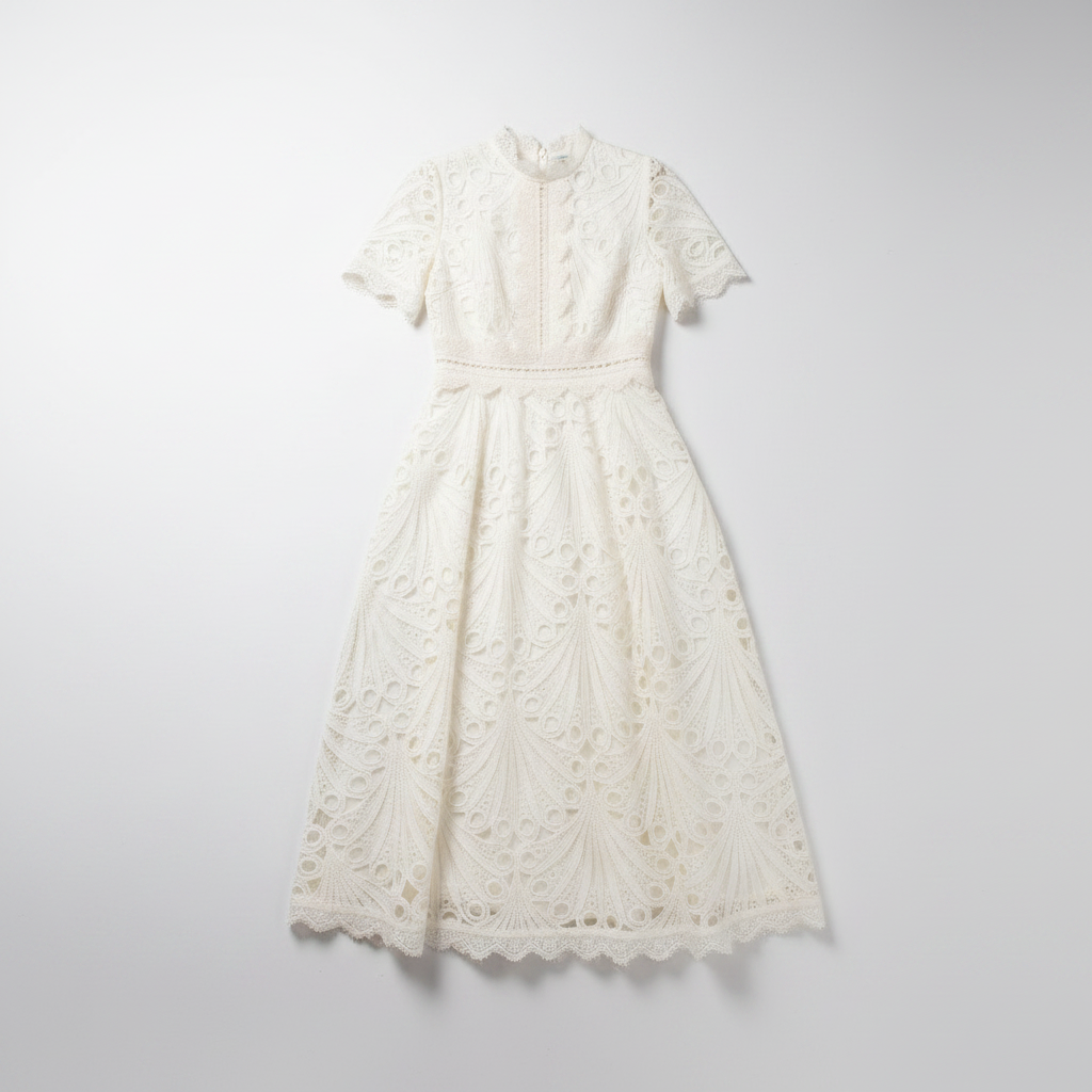 Lace Midi Dress High Neck Short Sleeve